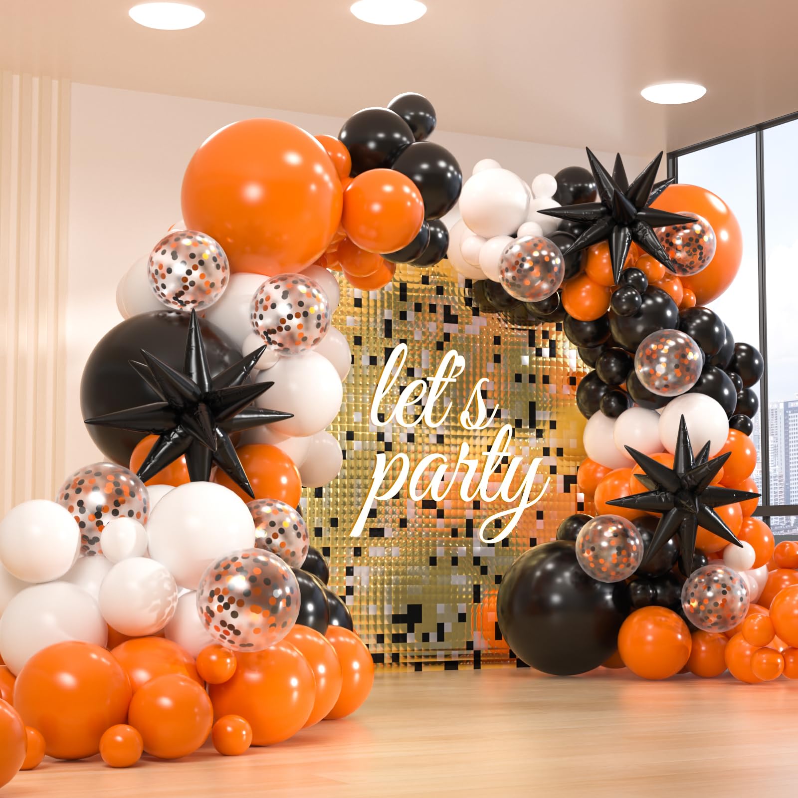 Photo 1 of 161pcs Black White Orange Balloons Arch Kit,Black Orange With 3pcs Starburst Foil Balloons for Birthday Graduation Halloween Thanksgiving Day Party Decorations