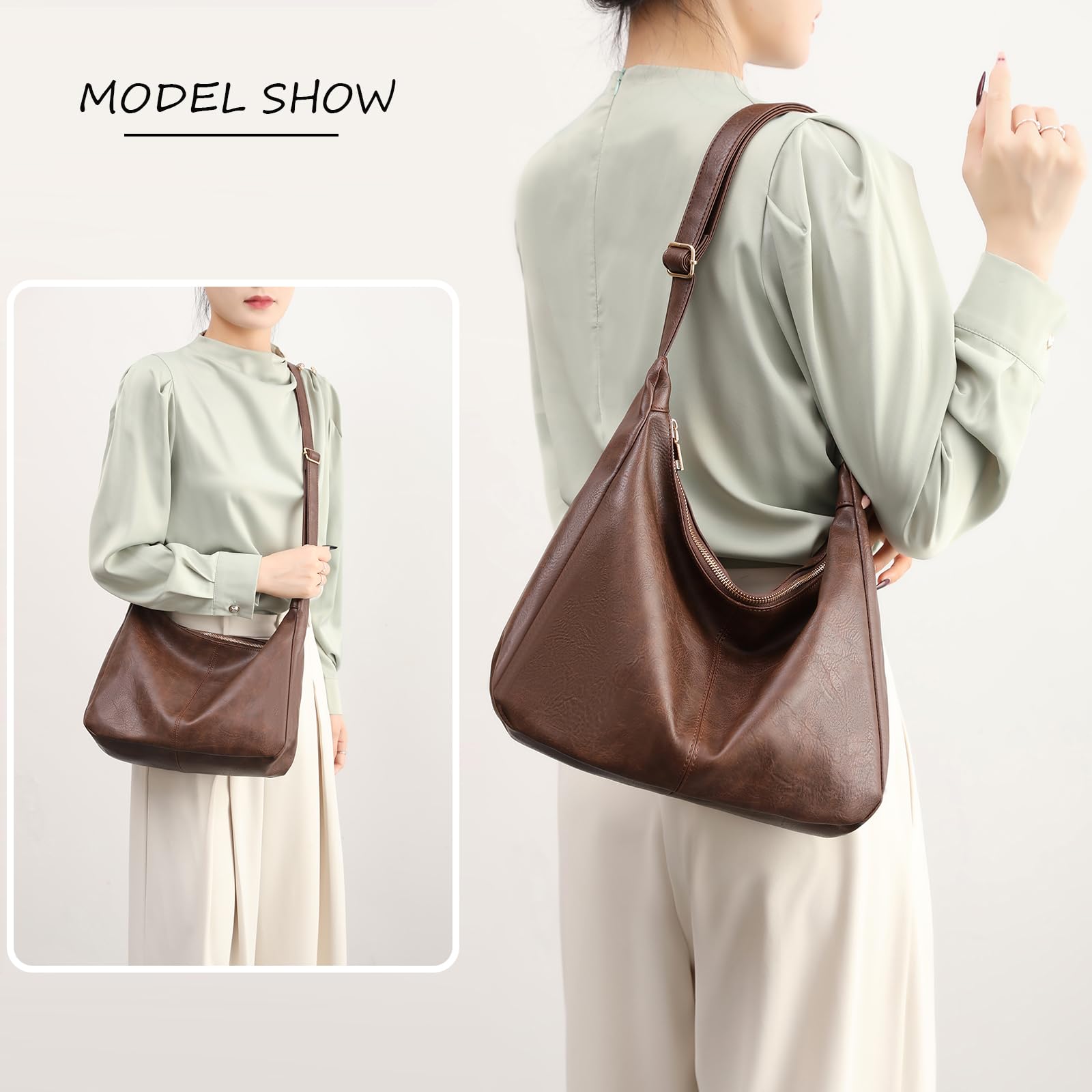 NIUEIMEE ZHOU Hobo Bags for Women Foldable Vegan Leather Shoulder Handbag Slouchy Tote Crossbody Purses