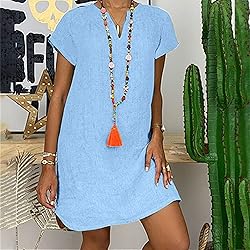 Women's Summer Cotton Linen Dress Loose V-Neck