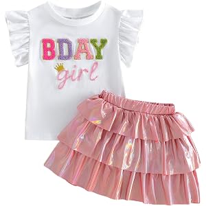 Kayotuas Toddler Girl Birthday Outfit BDAY GIRL Embroidery Ruffle Sleeve T-shirt and Tiered Skirts Set Cake Smash Party Dress