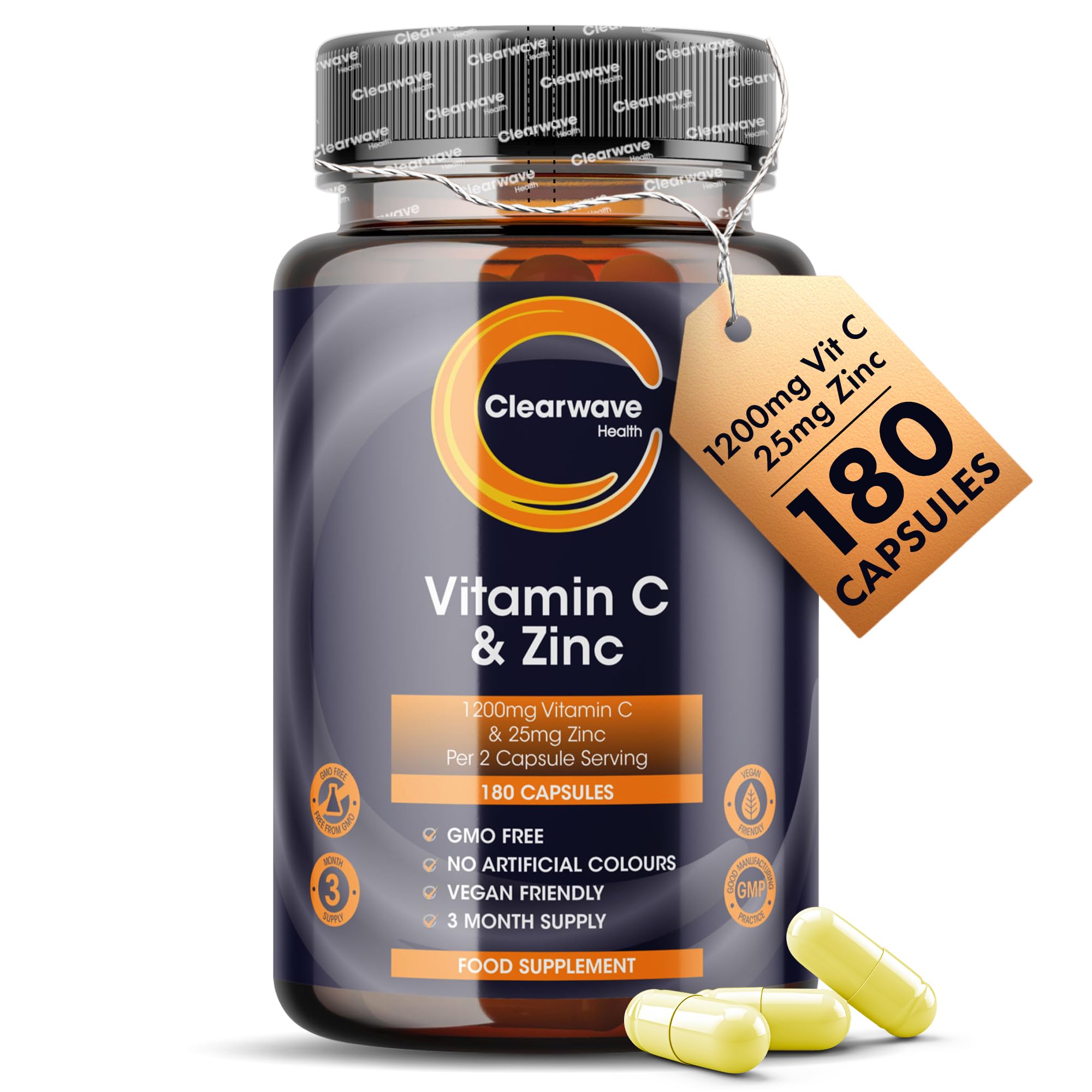 Vitamin C and Zinc | High Strength Vitamin C Capsules | 1200mg VIT C and Zinc 25mg Per 2 Capsule Daily Serving | By Clearwave Health