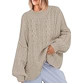 Saodimallsu Womens Oversized Sweaters Chunky Cable Knit Crew Neck Casual Long Lantern Sleeve Fall Tunic Sweater Tops