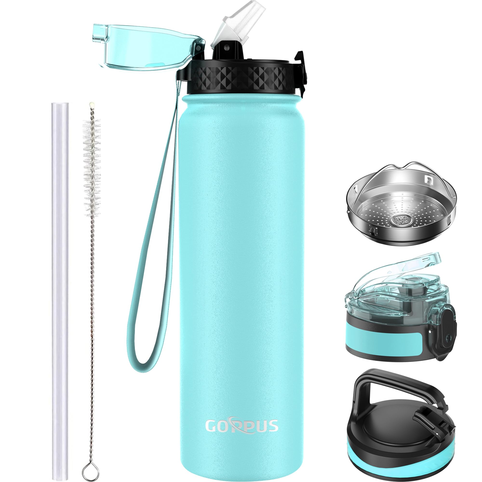GOPPUS 1L/32oz Stainless Water Bottle with Straw Double Wall Insulated Bottles with Strap Reusable Vacuum Thermal Flask Leakproof Keep Cold Drinks Bottles with Flip Top Lid for Gym Men Women BPA Free — image 1