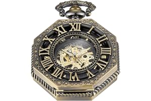 Whodoit Antique Mechanical Pocket Watch for Men，Irregular Octagon Skeleton Pocket Watch, Roman Numeral Dial with Chain + Box