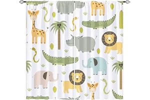 YUANZU Kids Curtains Rod Pocket Animal Safari Hippo Crocodile Lion Elephant Giraffe Woodland Zoo Print Pattern Window Drapes for Boys Girls Nursery Baby Bedroom Playroom W42 x L63 Inch 2 Panels