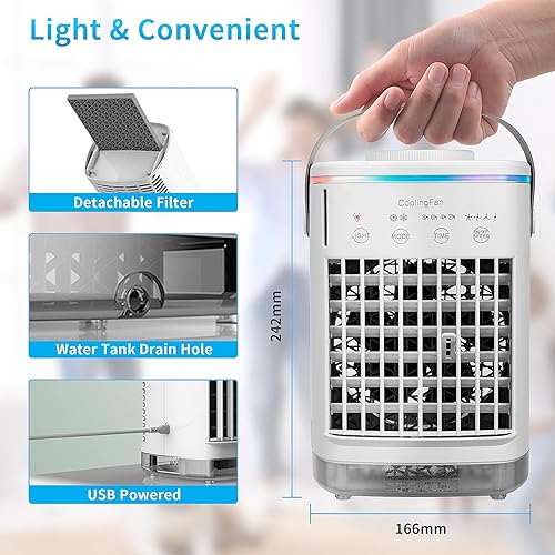 Mini USB Air Cooler Fan With Humidifier – 3 Speeds, 7 LED Lights, Portable AC