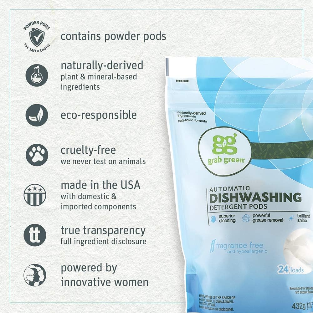 Grab Green Natural Dishwasher Detergent Pods, Free & Clear/Unscented, 60 Count, Fragrance Free, Organic Enzyme-Powered, Plant & Mineral-Based: Health & Personal Care