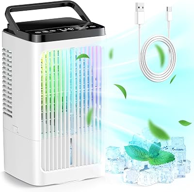 Klimaanlage Mobil, Mini Luftkühler, mit 2 Sprühstufen & 4 Geschwindigkeitsstufen, 1200ml Wassertank, 7 Farben Nachtlicht, 1-8 Stunden Timer, für Schlafzimmer und Büro (Cremeweiß)