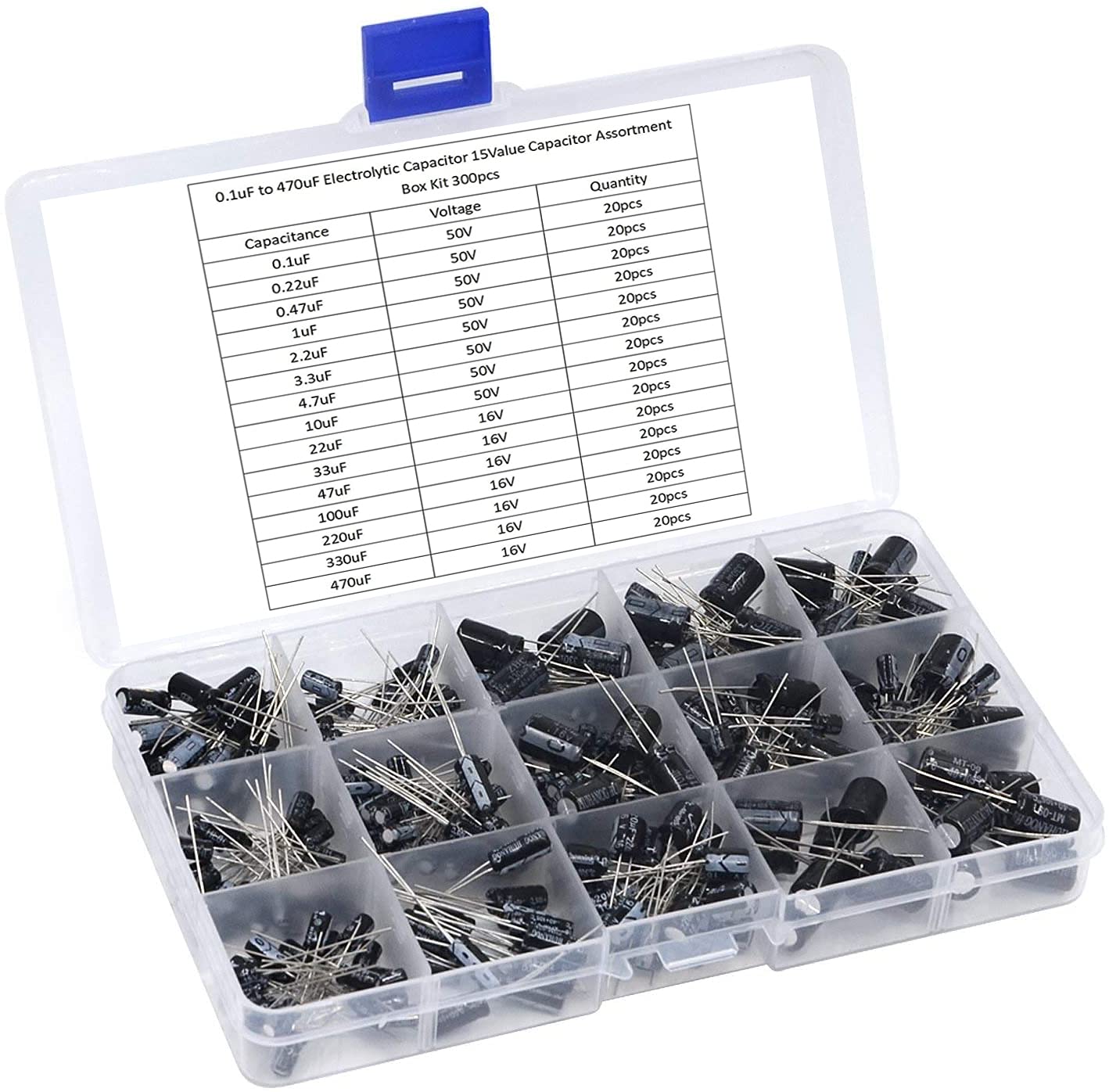 ARCELI 300pcs 15Value Electrolytic Capacitor Range 0.1uF to 470uF Capacitor Assortment Kit
