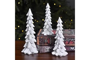 GHOSTMAGIC Christmas Tree Figurines Set of 3, Resin Tabletop Christmas Tree Decor, Elegant Xmas Tabletop Centerpieces for Tables Desk Shelf Mantel Holiday Indoor Decorations (White)