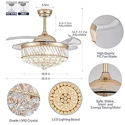PAFRUMGE 36" Dimmable Gold Fandelier Crystal LED