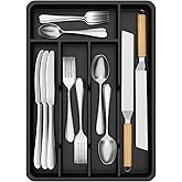 Lifewit Silverware Drawer Organizer Tray, Plastic Cutlery Storage for Kitchen, Flatware and Utensil Holder Divider for Spoons Forks Knives Tableware, 9.5 x 13.4", 5 Slots, Black