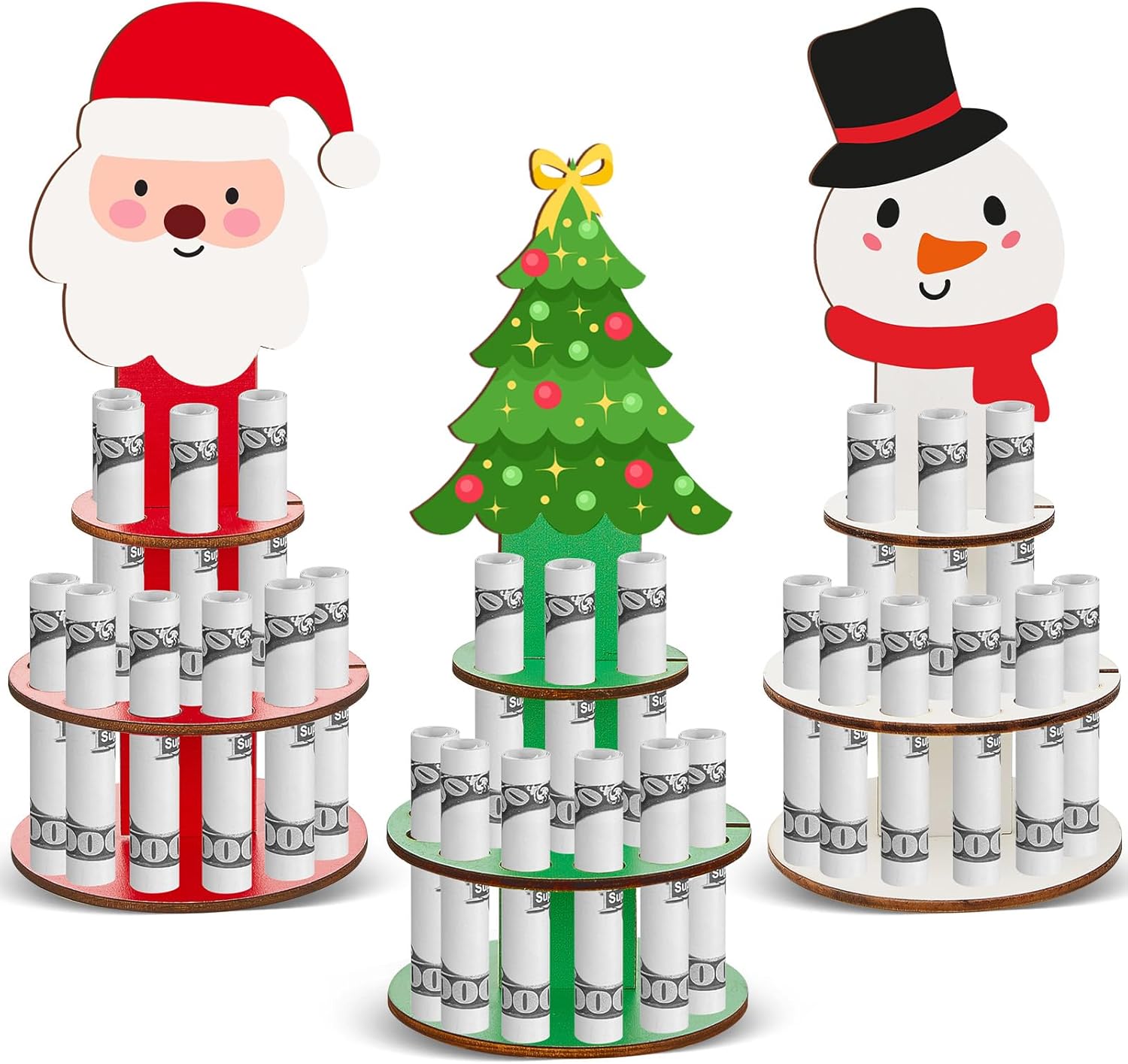 Tree Stands - Sanwuta 3 Pcs Wooden Christmas Money Holder for Cash Gift Handmade Cash Cake Merry Christmas Cash Holders with 18 Holes 3 Tiers Santa Snowman Tree Cake Shape Holder for Party Placing Money (Santa)