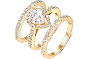 MDFUN Three in One Round/Oval/Eye/Teardrop Halo Wedding Bands Set Engagement Rings 18K Yellow Gold Plated Cubic Zirconia Promise Eternity Band for Women Size 5-10