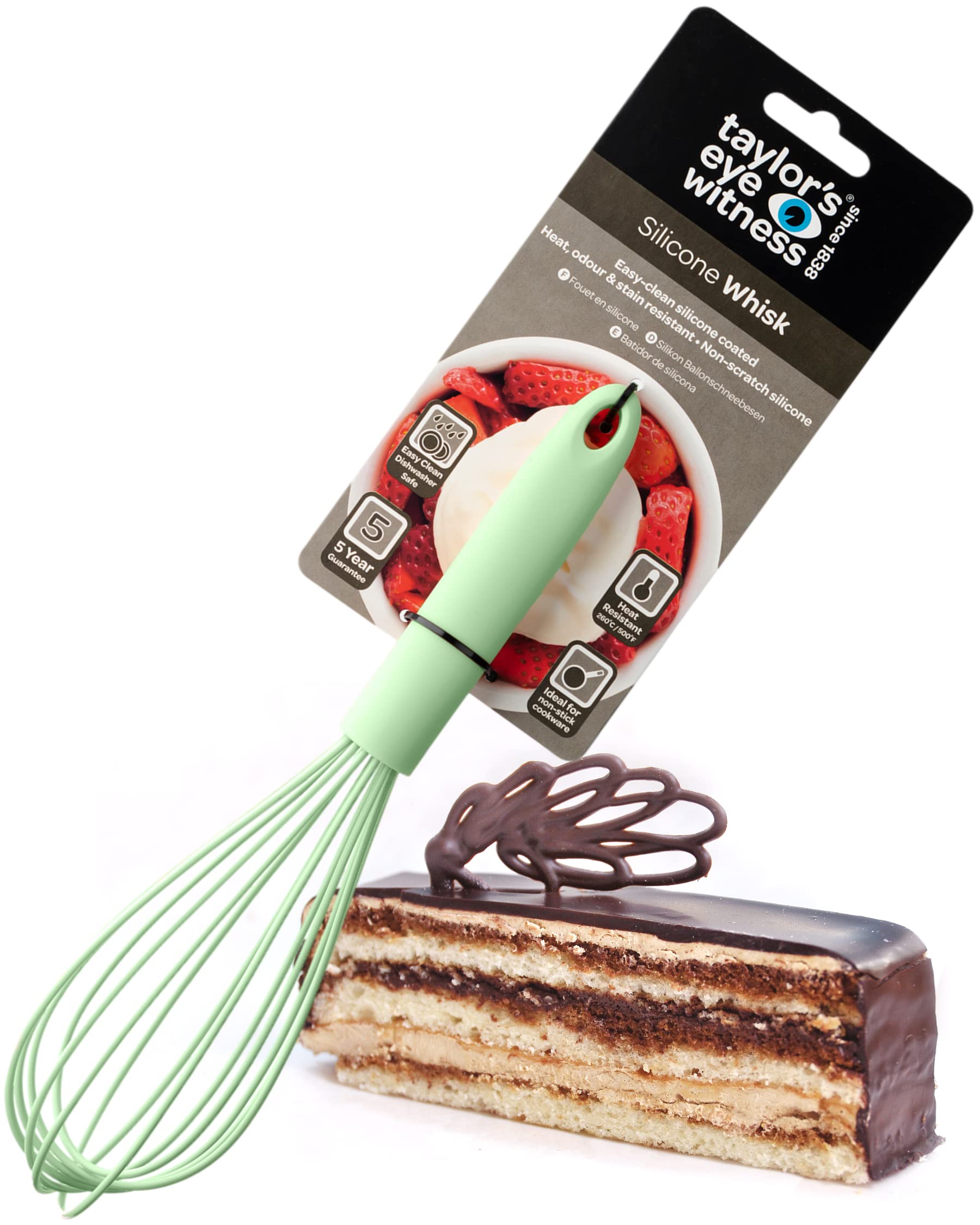Taylors Eye Witness Large Green Silicone Whipping Whisk - Dishwasher Safe. Sturdy Build, Non-Scratch Balloon Head. Easy Clean. Odour, Stain & Heat Resistant (260°C/500°F). 5 Year Guarantee
