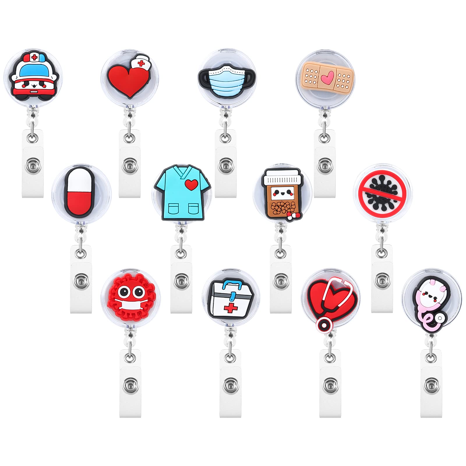 12Pcs Nurse Badge Reel Holder Retractable, Nursing ID Card Holders with Clip Funny Badge Reels Bulk Cute Badge Holder for Nurses Doctors Medical Health Hospital Office Worker Volunteers Gifts