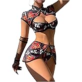 SOLY HUX Women's 4 Piece Cheongsam Costume Lingerie Set Dragon Print Qipao Cosplay Outfits