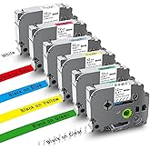 UNOKA Ptouch Label Maker Refills, Replace for Brother Tze Tz Tape 12mm 0.47 Laminated Color(White/Clear/Red/Blue/Yellow/Green) for PTD220 PT-D210 PTH110, School Supplies, 1/2" x 26.2', 6PK