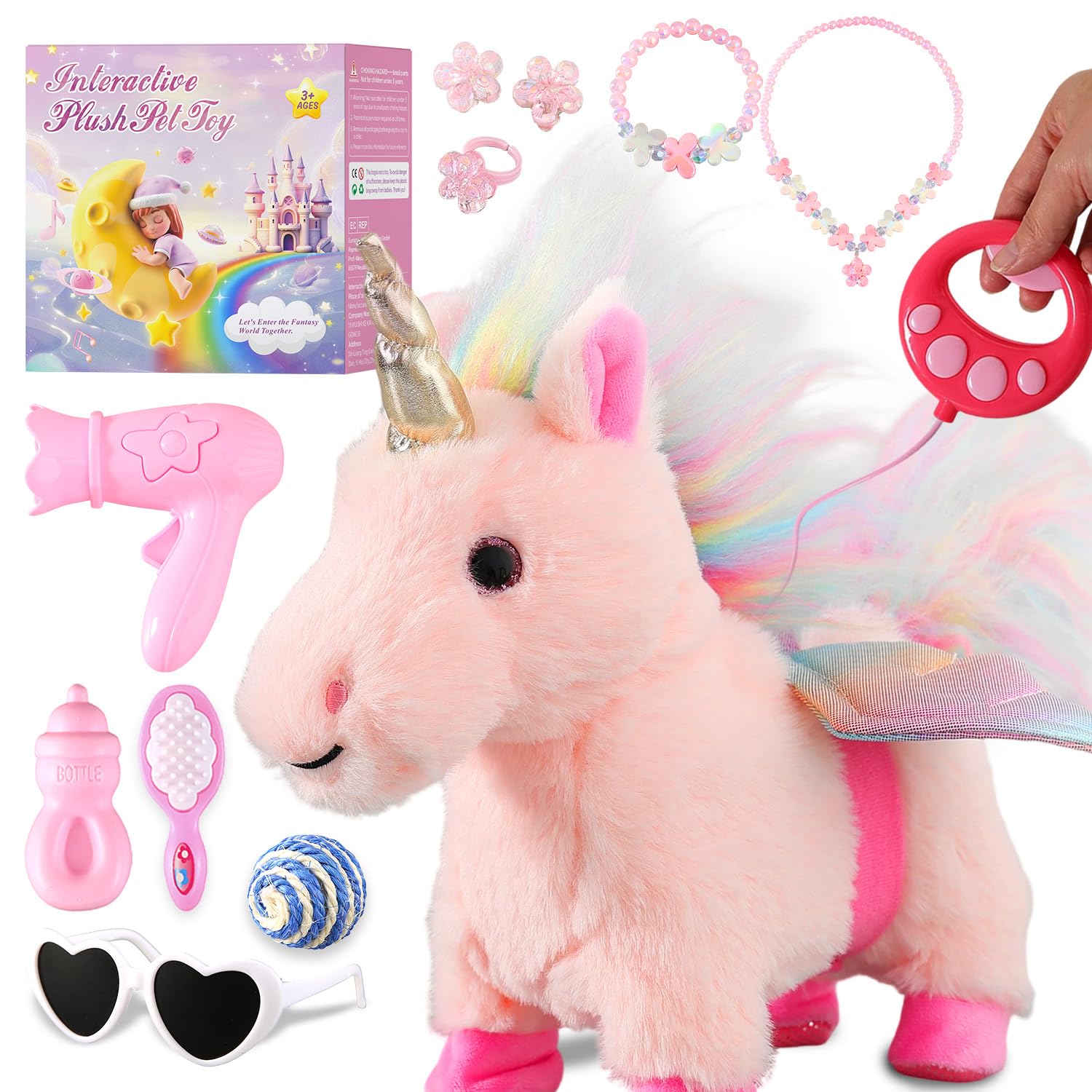 Walking Unicorn Toy Set Singing Dancing Electronic Plush Pony with Leash, Touch Control Realistic Footsteps, Nodding, Tail Wagging, Pretend Dress Up Cute Wings Unicorns Animated Pet Gift for Girl
