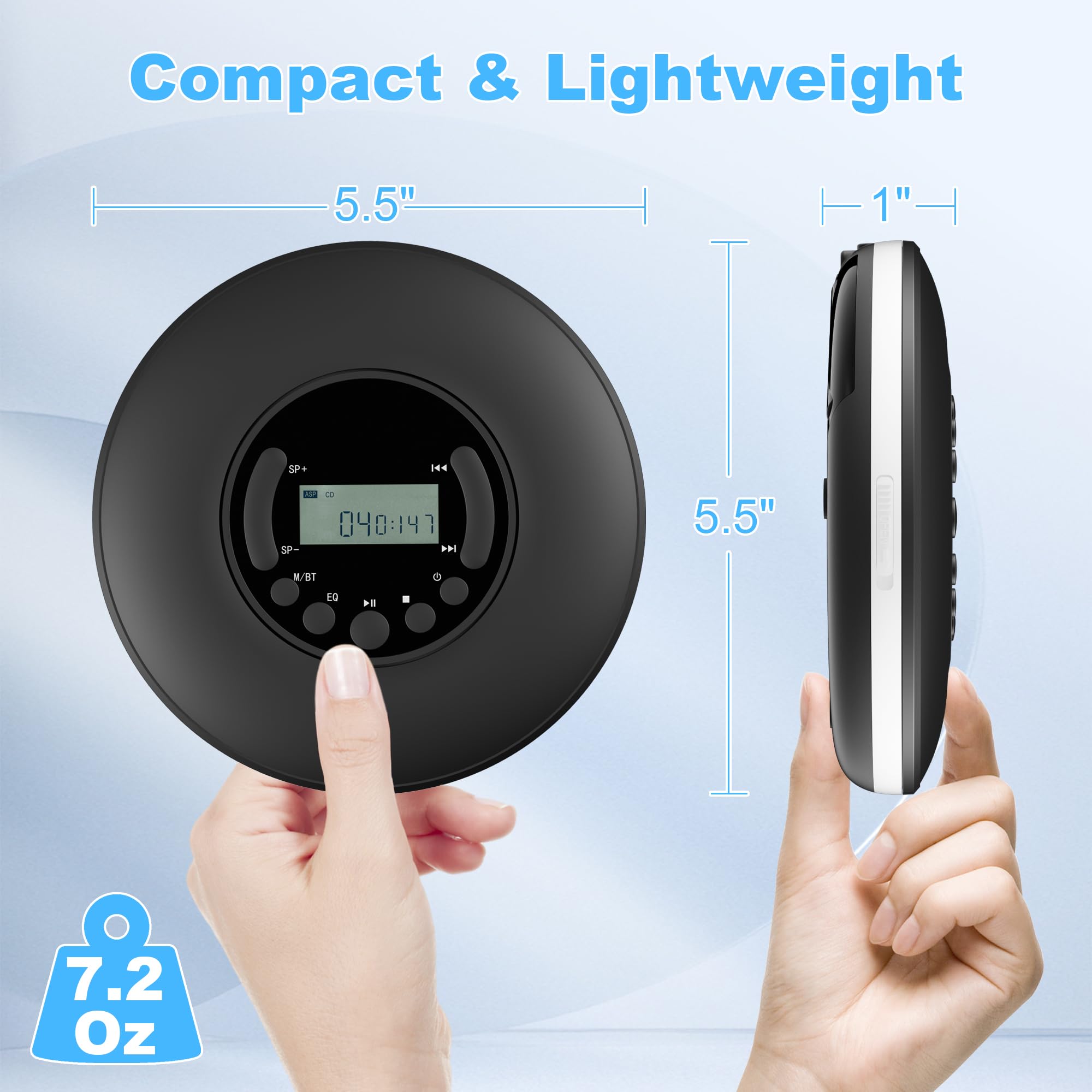 CD Player Portable, Discman with Stereo Earbuds and Bluetooth Output, Anti-Skip Shockproof Walkman, Compact and Lightweight, Power DC or 2xAA Battery