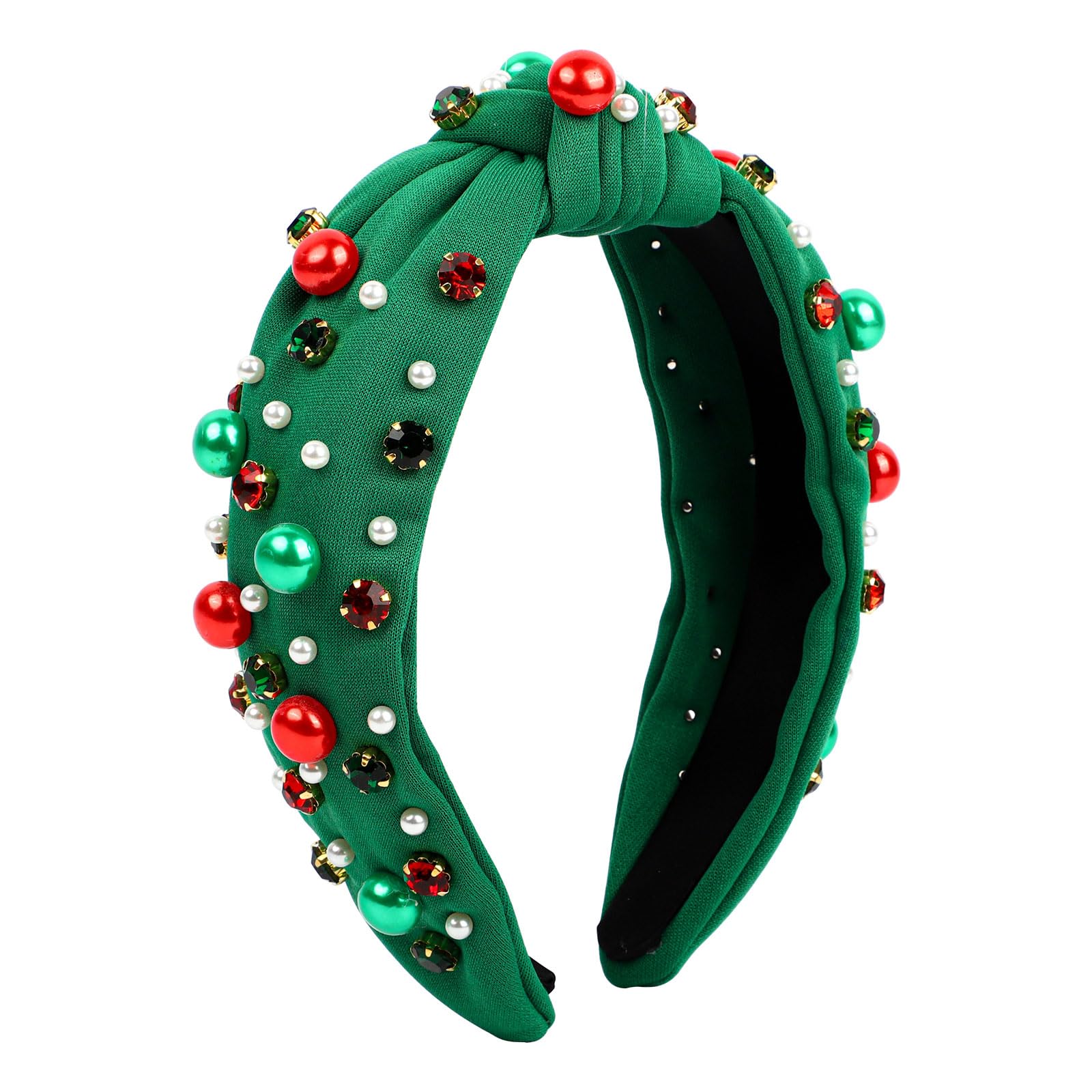 Christmas Headband, Pearl Knotted Hair Band with Rhinestone, Wide Top Knot Fashion Headband for Women Girls Christmas Hair Accessories (Green)