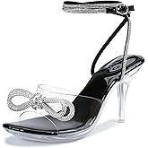 NBUUNBU Clear Heels With Rhinestone Bow Strappy Sandals For Women Ankle Strap Butterfly Transparent Platform High Heel Sexy Slingback Kitten Stiletto Comfortable Wedding Shoes Pump Mules