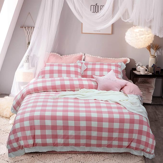 Softta Vintage Ruffle Buffalo Plaid Bedding Set 3 pcs 100 Pure Natural Yarn Dyed