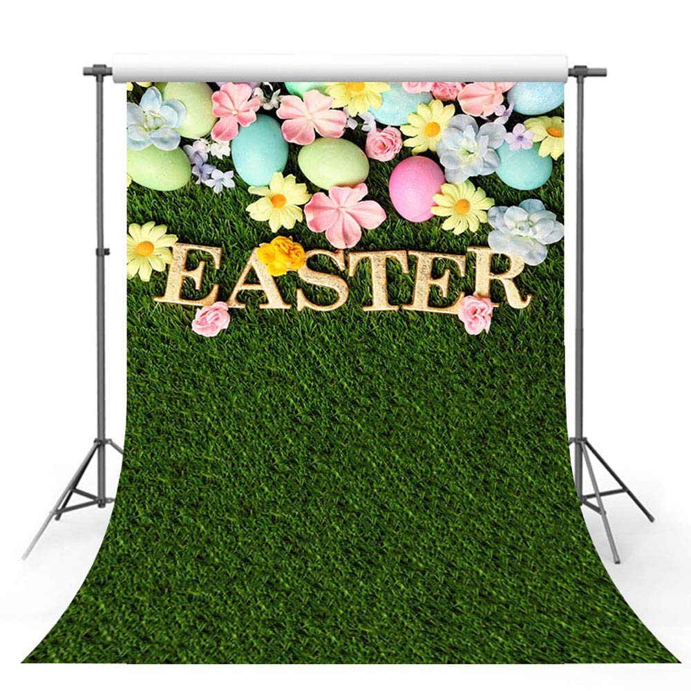 MEHOFOTO Happy Easter Photo Studio Booth Background Banner Spring Green Lawn Colorful Flowers Eggs Wallpaper Backdrops Props for Photography 5x7ft