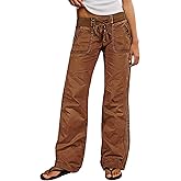 Flamingals Straight Leg Pants for Women Drawstring Waist Mid Rise Casual Solid Seam Detail Pants