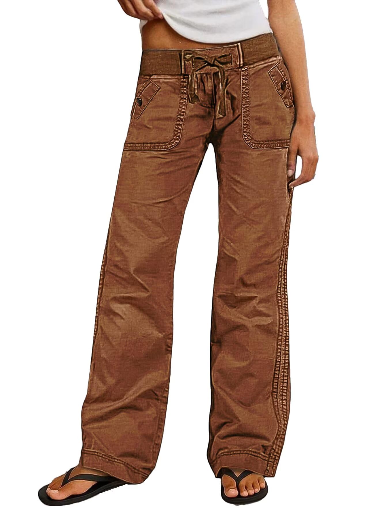 Photo 1 of Flamingals Straight Leg Pants for Women Drawstring Waist Mid Rise Casual Solid Seam Detail Pant Brown XL