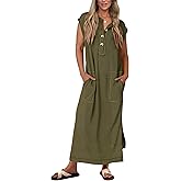 KIRUNDO Womens Summer Dresses 2026 Spring Ribbed Knit Henley Short Sleeve Maxi Dress Button Up Loose Beach Vacation Sundress