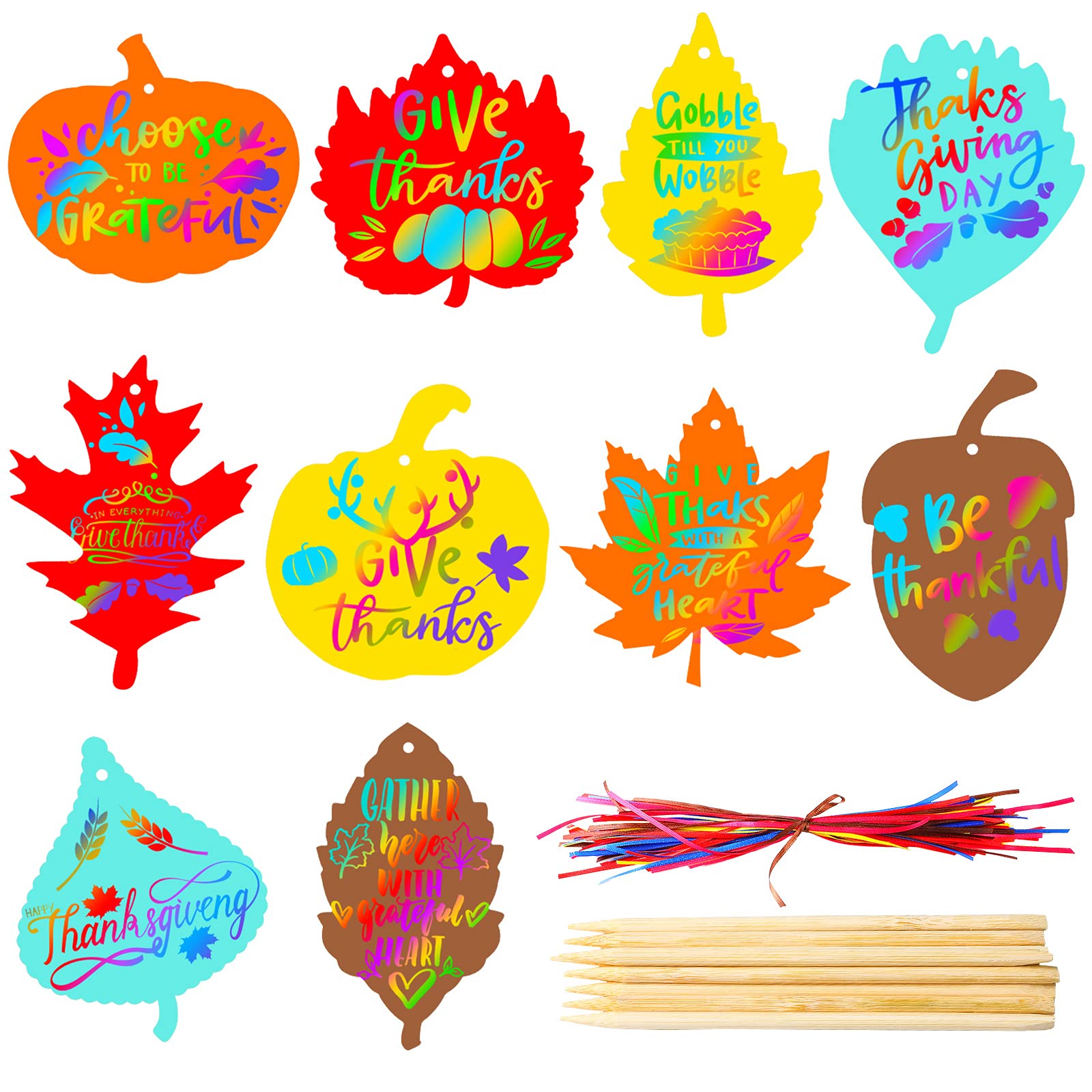 Kasyat 60 Pieces Thanksgiving Scratch Paper Art Set, Fall Scratch Craft Art Colorful Fall Leaves with 60 Pcs Colored Ribbons 10 Pcs Sticks for Autumn DIY Supplies