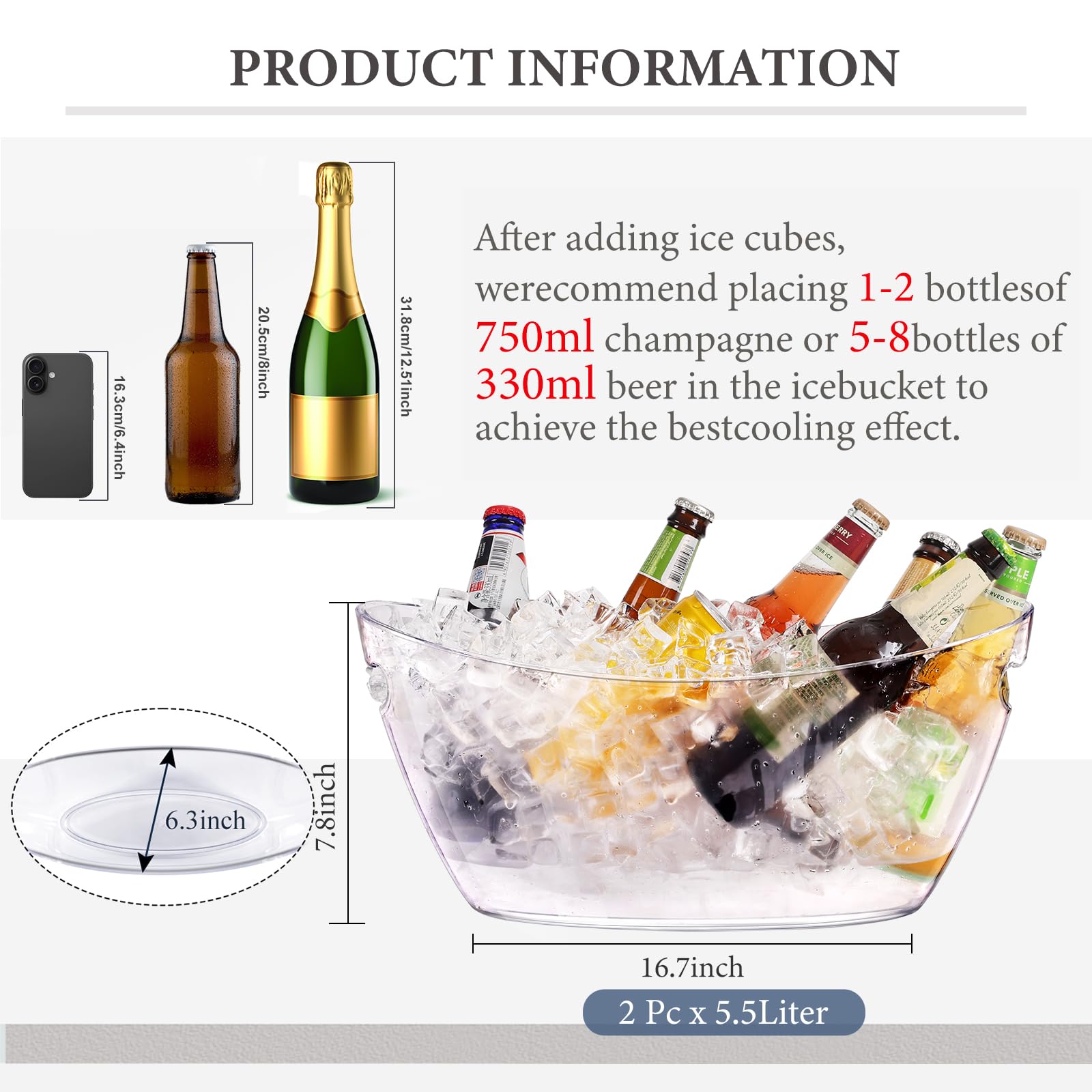 Ice Bucket 2 PCS, Thickened Ice Buckets for Parties, Mimosa Bar Supplies Beverage Tub for Champagne Beer Sparkling Wine Cocktails（5.5L) 16.5 * 7.3 * 6.8inch