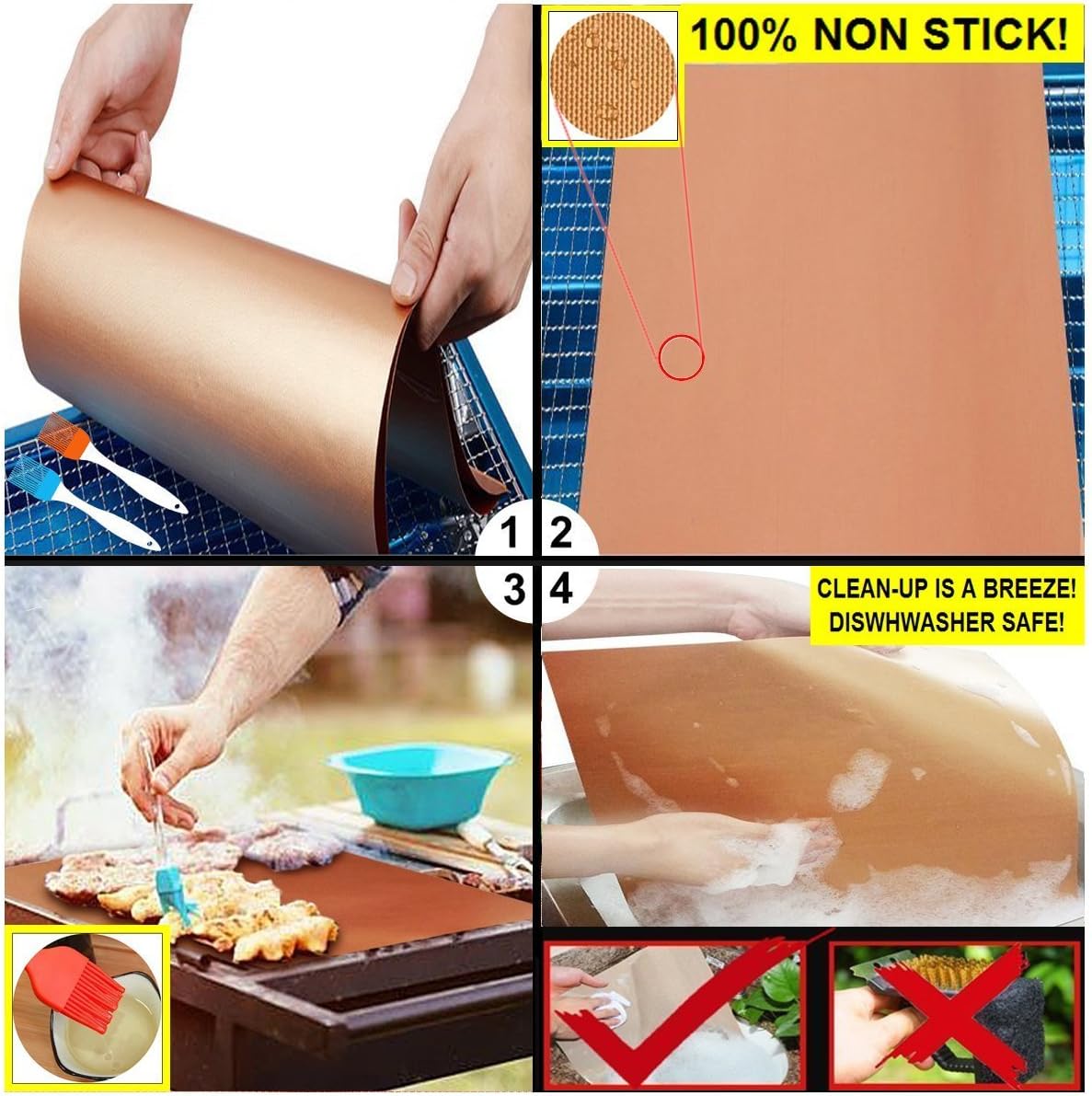 YRYM HT Copper Grill Mat and Bake Mat Set of 5 Non Stick BBQ Grill & Baking Mats - Reusable, Easy to Clean - PTFE Teflon Fiber Grill Roast Sheets for Gas, Charcoal, Electric Grill (Gold): Garden & Outdoor