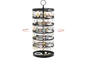 iDavosic.ly 6 Tier Rotating Earring Holder Organizer with Metal Tray, Adjustable Plastic Dangle Display Stands Tree with 342 Grooves, Large Hoop Storage Rack Tower, Black