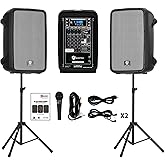 EXOTON 10inch PA System with 8-Channel Mixer,Portable 600W Bluetooth Speakers,USB/SD/FM/5-band EQ, Includes 2 Speaker Stands/Mic/48V Phantom Power,for Indoor&Outdoor