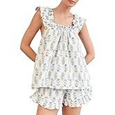 Villagepageme Women Floral Print Pajama Sets 2 Piece Lounge Set Ruffle Trim Sleeveless Top and Shorts Pjs Sleepwear