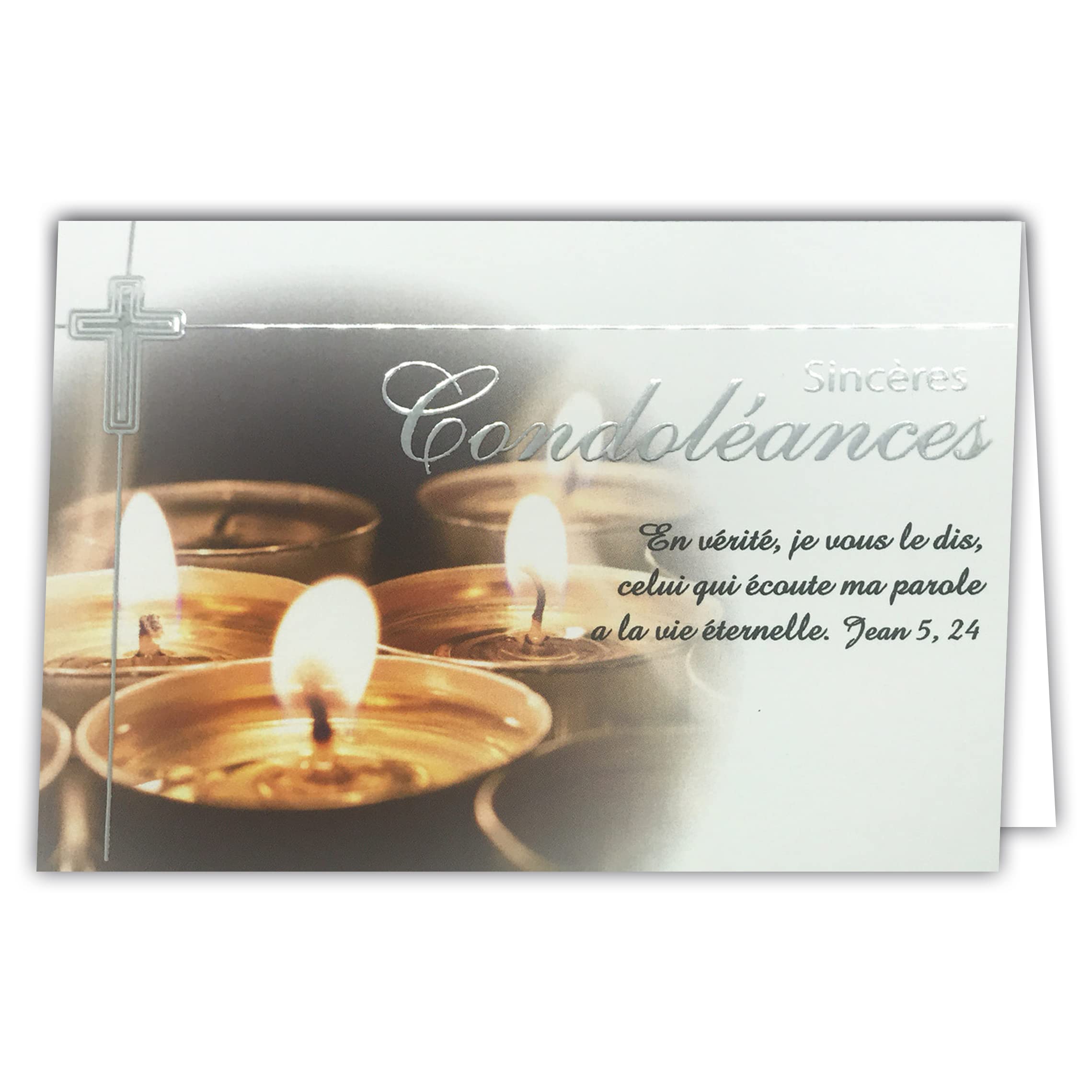 Afie 24-5002 Silver Card with Envelope 145 x 105 mm - Sincere Condolence with Psalm Text Words Bible Quote New Testament Christian Cross Catholic Candles Church - Made in France