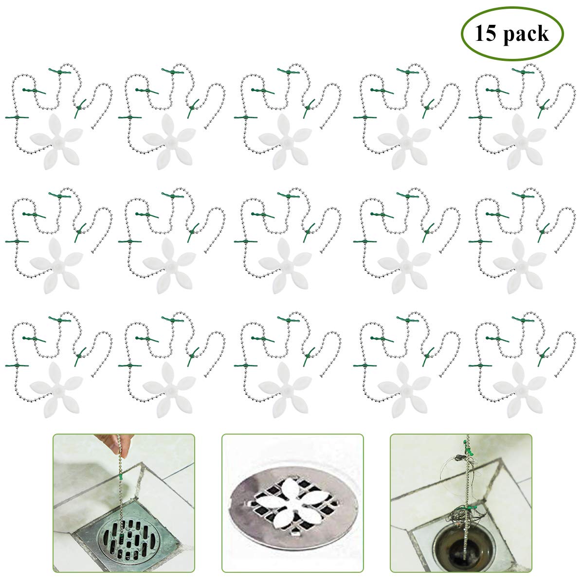 Drain Hair Catcher Flower Shower Hair Cleaning Chain, Drain Clog Remover, Tool For Drain Cleaning, Bathroom Chain Hook, Disposable Hair Trap for Bathtub Kitchen(15 Pack)