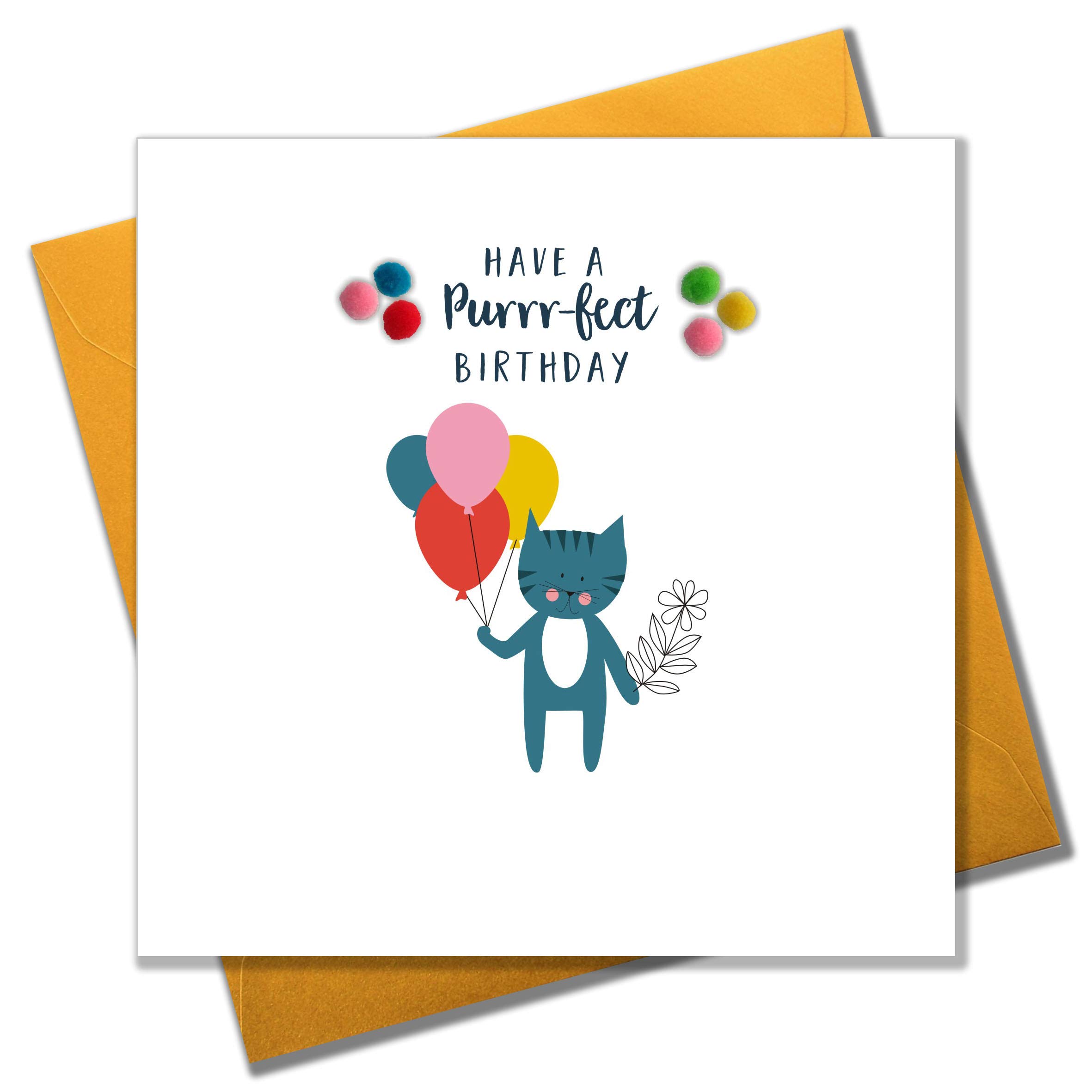 Claire Giles Greeting Cards, Happy Birthday Card, Cat with Balloons Design Birthday Greeting Card, "Purrr-FECT Birthday", Embellished with Colourful Pompoms