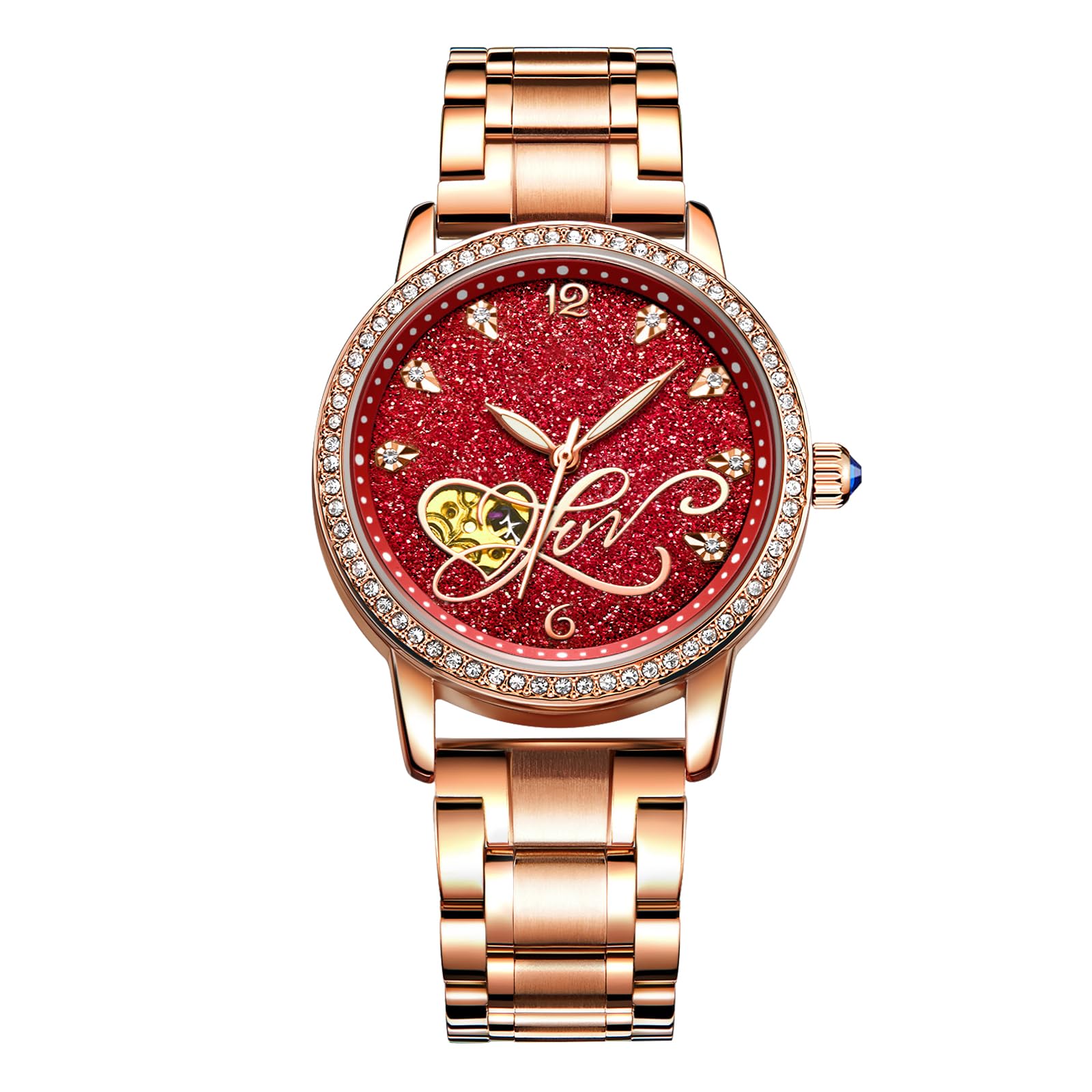 RORIOS Women Automatic Mechanical Watch Shining Starry Sky Luminous Simulated Diamond Dial Stainless Steel Strap Ladies Wristwatches
