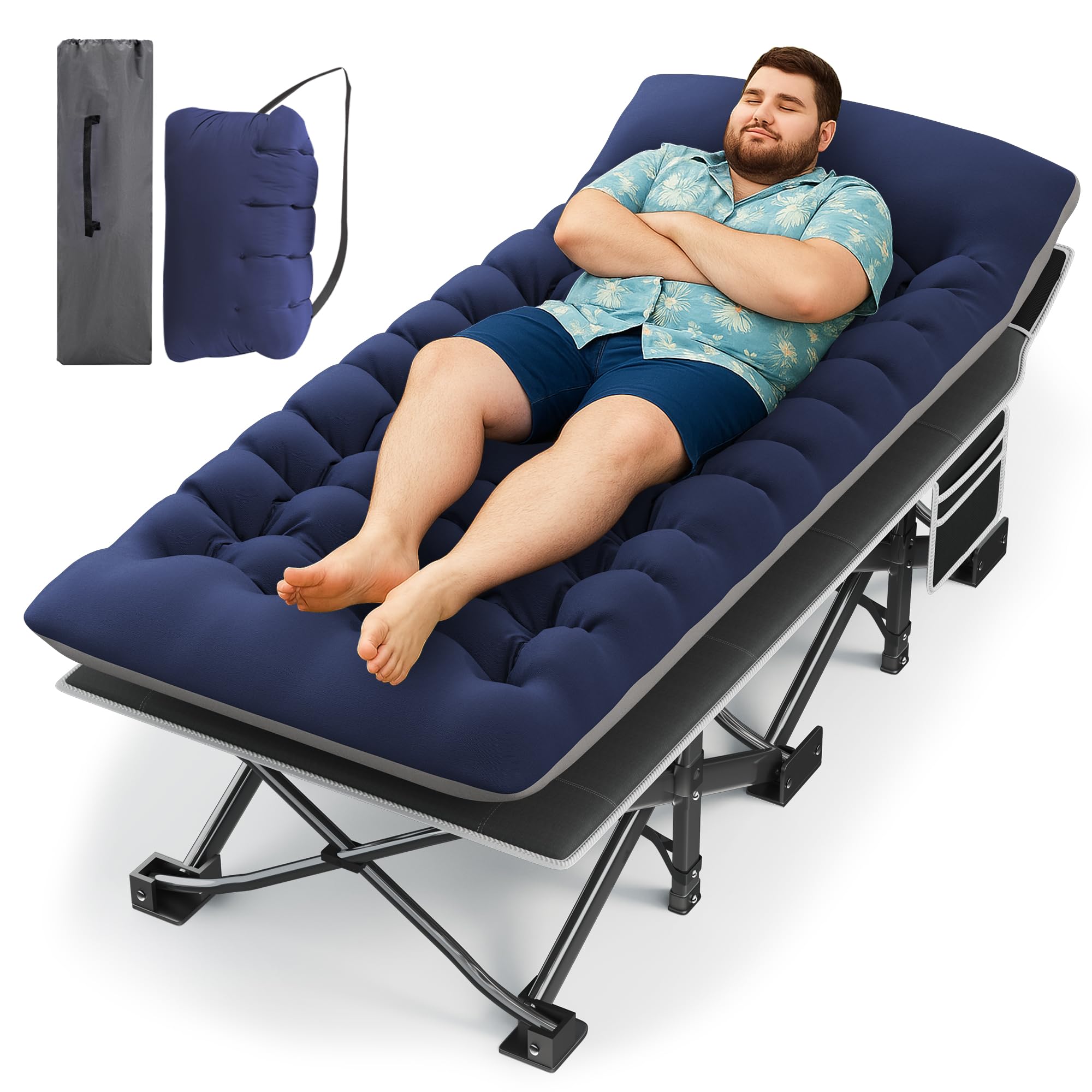 Photo 1 of (USED/FAIR) HABUTWAY Camping Cot with Mattress, 32" Extra Wide Camping Cots for Adults, Sleeping Cot for Adults Holds Up to 600LBS, Cots for Sleeping, Camp, Rv, Beach, Patio, Office Naps(Blue)