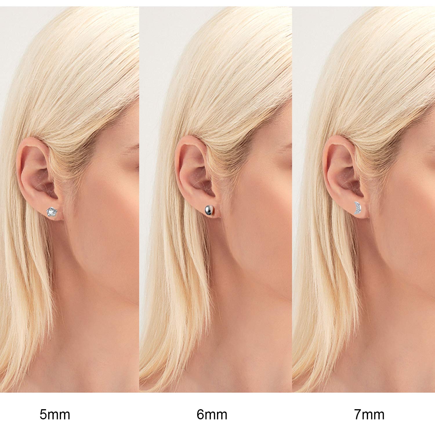 925 Sterling Silver Ball Stud Earring Set 3 Pairs Star Moon Stud Earrings Hypoallergenic CZ Earring Set for Women