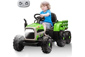 ZYERCH 12V Kids Ride on Tractor with Trailer, 3 Speeds, Dual 30W Motors with Remote Control, 3.10 MPH Max, Electric Tractor Toy Gifts Cars for Kids, USB, MP3, Bluetooth, LED Light, Safety Belt, Green