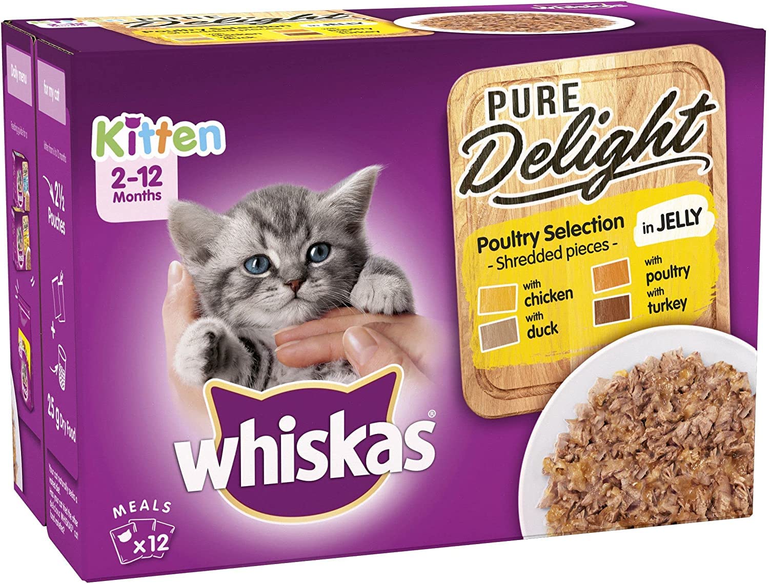 Whiskas 2-12 Months Kitten Pure Delight Wet Cat Food Pouches, Delicious and Tasty Poultry Selection in Jelly, 12 x 85 g