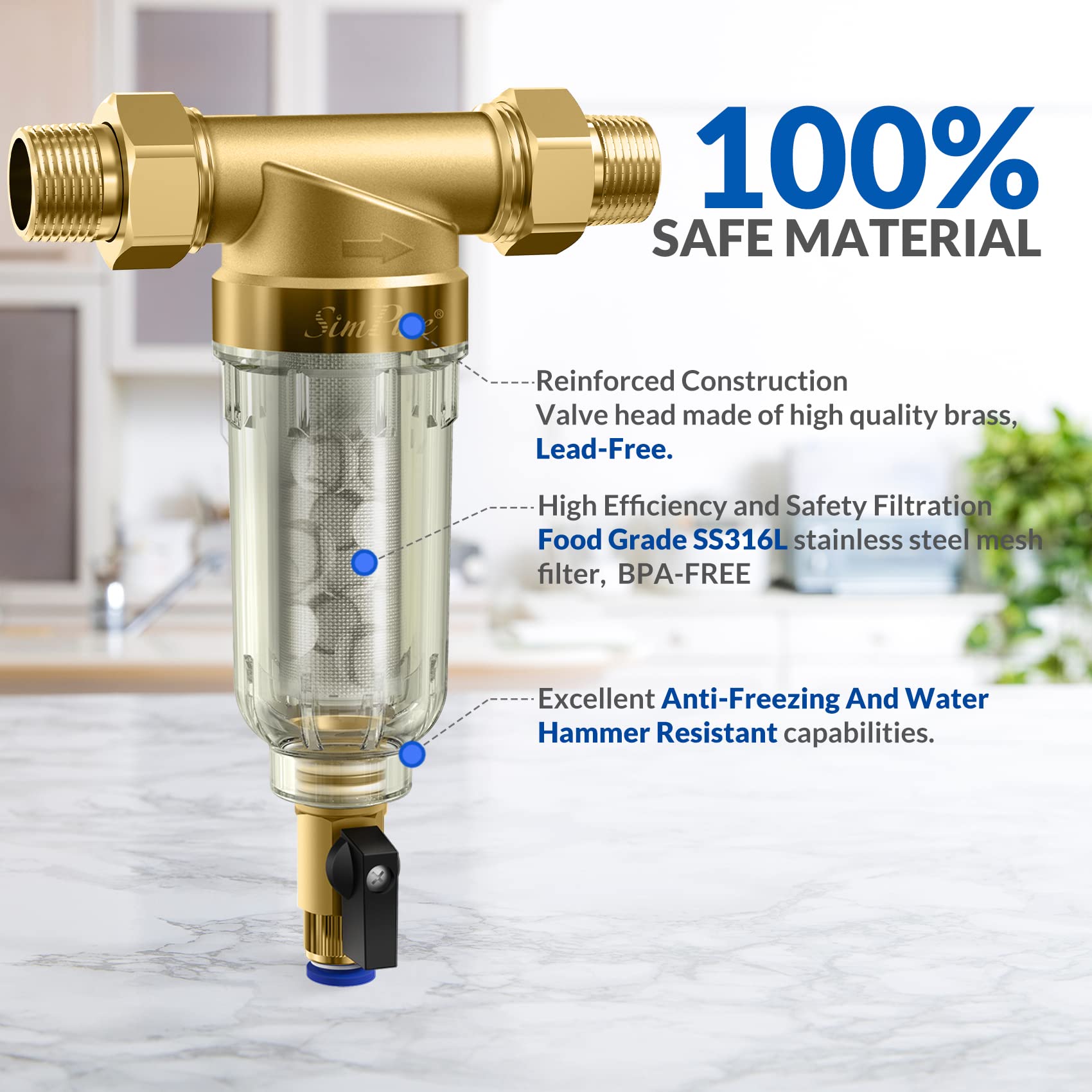 SimPure DC5S 40 Micron Spin Down Sediment Filter, Reusable Whole House Sediment Water Filter Softener with Siliphos Helps Prevent Scale and Corrosion, 1