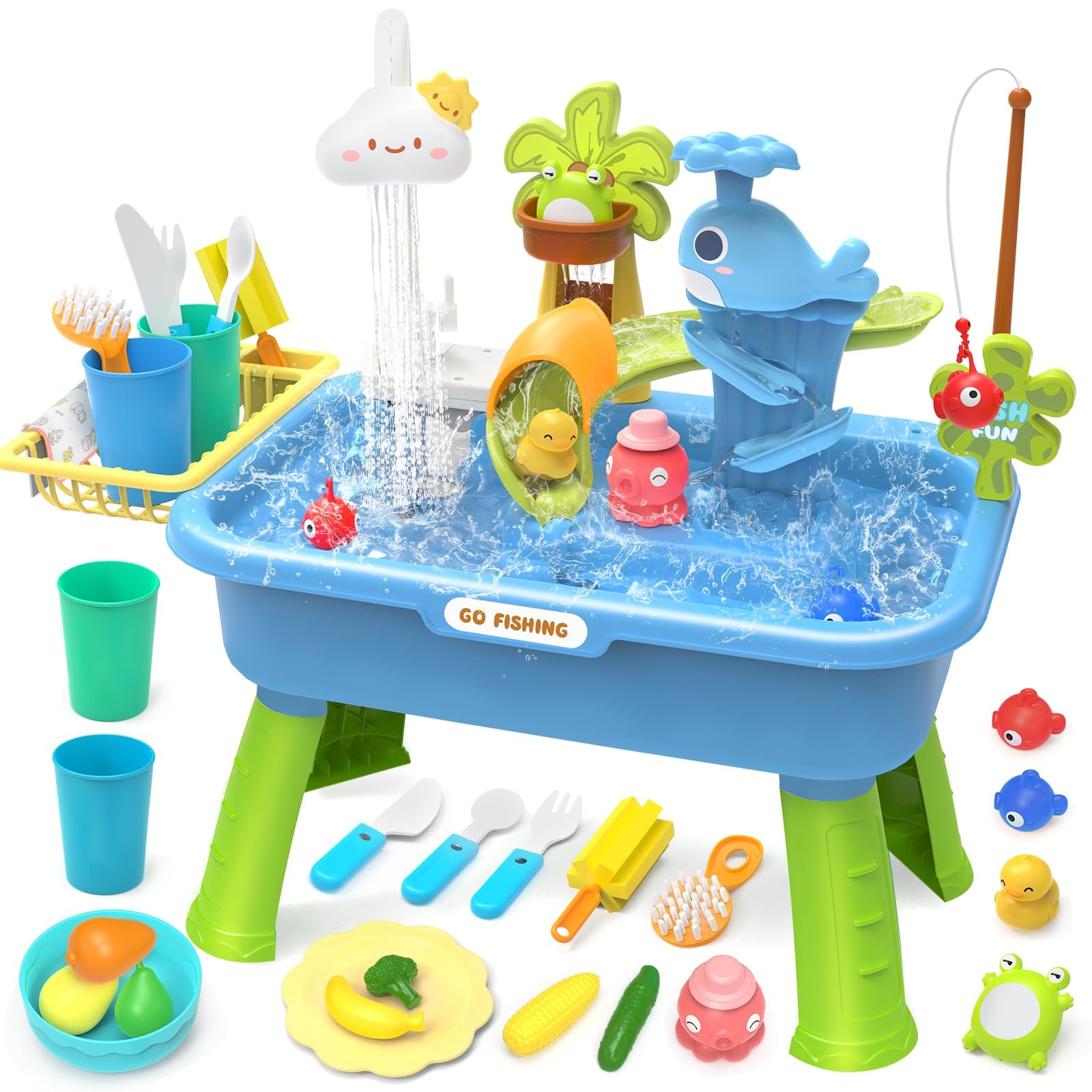 Photo 1 of 21" H Play Sink with Running Water, 4-in-1 Kids Kitchen Sink Toy with Electric Faucet, Mini Water Table with Detachable Legs, Fishing Game, Pretend Play Dishwasher Gift Set for Boys & Girls(Blue)