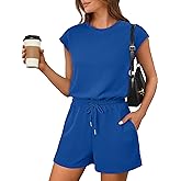 ANRABESS Rompers for Women Summer 2026 Casual Cap Sleeve Crewneck Drawstring One Piece Jumpsuit Outfits with Pockets