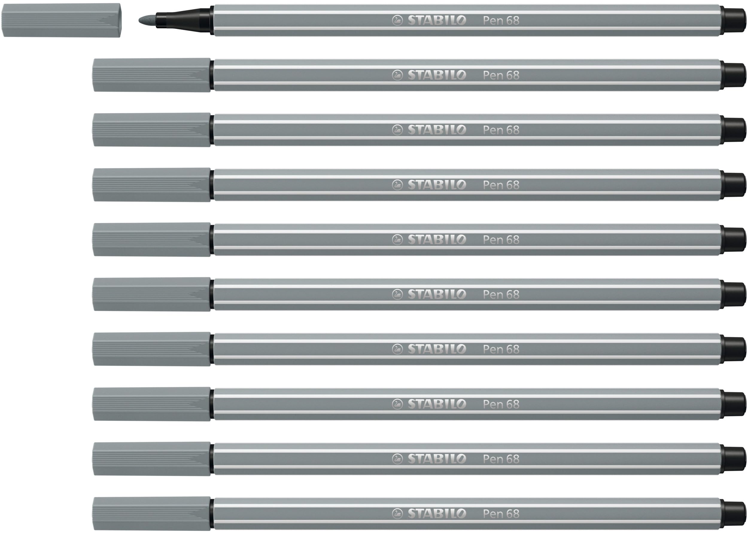 STABILO Pen 68 - Premium Fibre-Tip Pen - Pack of 10 - Medium Cold Grey