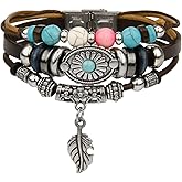 Western Boho Leather Wrap Bracelets for Women Bohemian Vintage Stackable Turquoise Bracelet Rustic Beaded,Multi-Layer Bracelets with Feather Pattern Strong Clasp, Country Concert Jewelry for Women